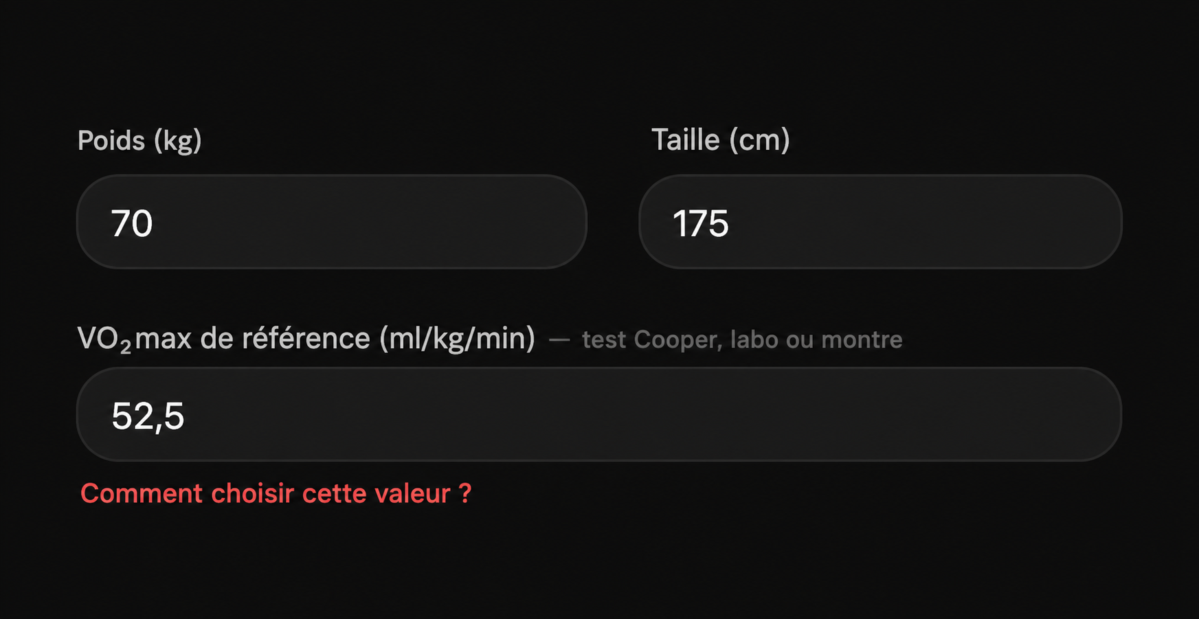 Champs Poids, Taille et VO₂max de référence dans le profil MINDRAW
