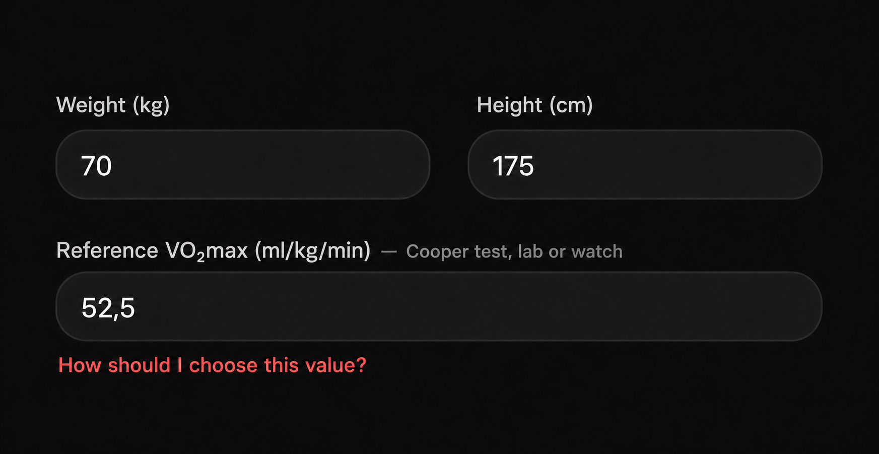 Weight, Height and Reference VO₂max fields in the MINDRAW profile